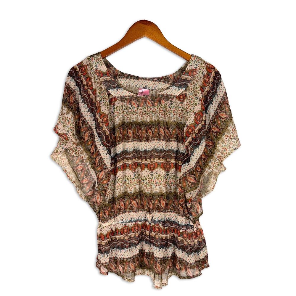 Dolled Up FANG Paisley Boho Sheer Blouse Flutter Sleeve Festival Top Y2K L